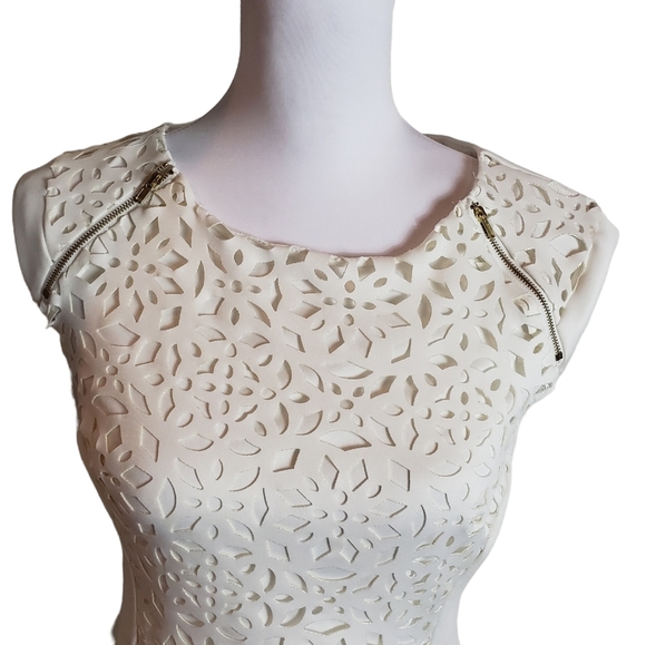 Enfocus Studio Ivory Sheath Dress Size 4 Floral Cutout Stretch Cocktail Party - Picture 2 of 16